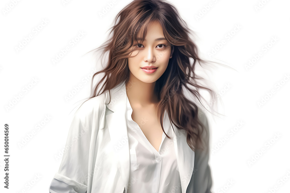 Happy smiling Asian woman posing on her blank white suit while standing isolated over gray background. Professional uniforms such as accountant, office girl, sales. Generative AI. Happy smiling Asian woman posing on her blank white suit while standing isolated over gray background. Professional uniforms such as accountant, office girl, sales. Generative AI.