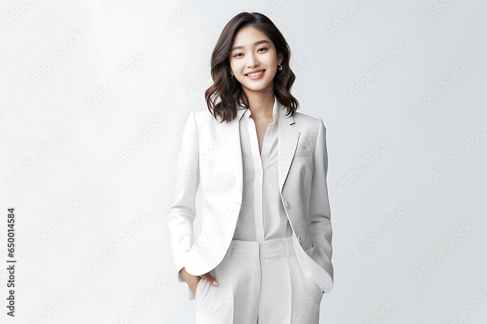 Happy smiling Asian woman posing on her blank white suit while standing isolated over gray background. Professional uniforms such as accountant, office girl, sales. Generative AI. Happy smiling Asian woman posing on her blank white suit while standing isolated over gray background. Professional uniforms such as accountant, office girl, sales. Generative AI.