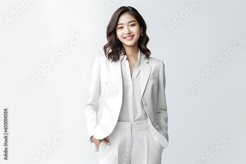 Happy smiling Asian woman posing on her blank white suit while standing isolated over gray background. Professional uniforms such as accountant, office girl, sales. Generative AI.