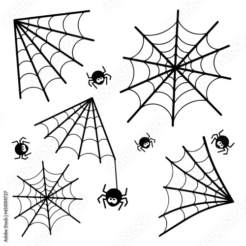 Cobweb collection, Halloween spider web set, Hand drawn spider web or cobweb with hanging spider.