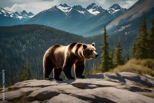 Image of a huge strong grizzly bear on a mountaintop with beautiful landscape scenery in the background.