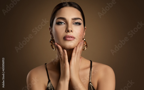 Wallpaper Mural Beauty Woman Face with full Lips Makeup. Beautiful Girl with Golden Earrings. Women Dermal Filler and Permanent Make up Cosmetics. Fashion Model Portrait Torontodigital.ca