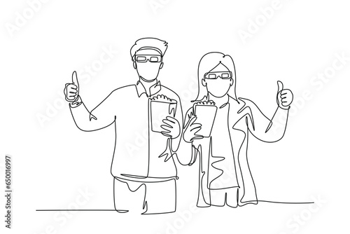 Continuous one line drawing young happy couple giving thumbs up gesture and holding pop corn ready to watch movie on theater. Entertainment concept. Single line draw design vector graphic illustration