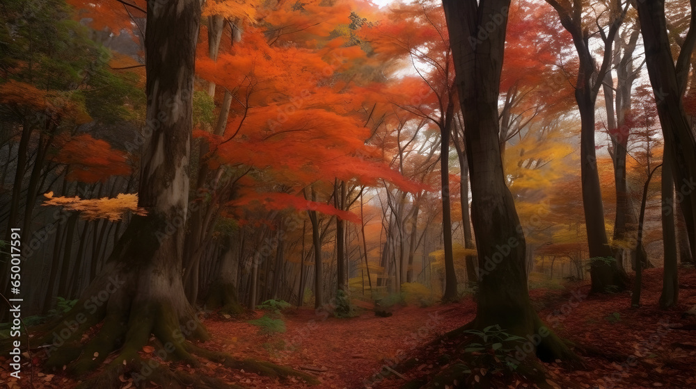  A picturesque late autumn forest, with a vibrant array of autumnal trees adorned with orange and red leaves.