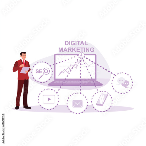 The business team is starting a new project and working with financial reports on their laptops and gadgets. Marketing Digital Technologies concept. Trend Modern vector flat illustration