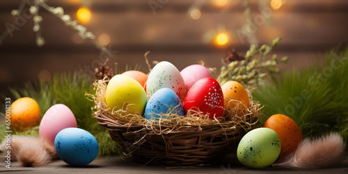 Colorful happy easter eggs in basket "Festive Easter Egg Hunt Scene"