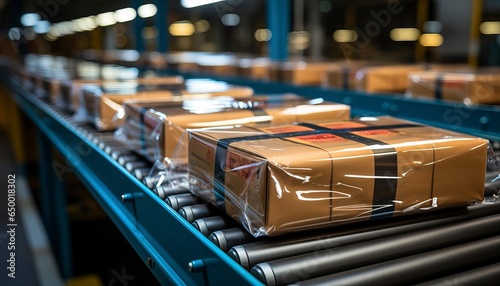 wrapped cardboard boxes on the conveyor belt