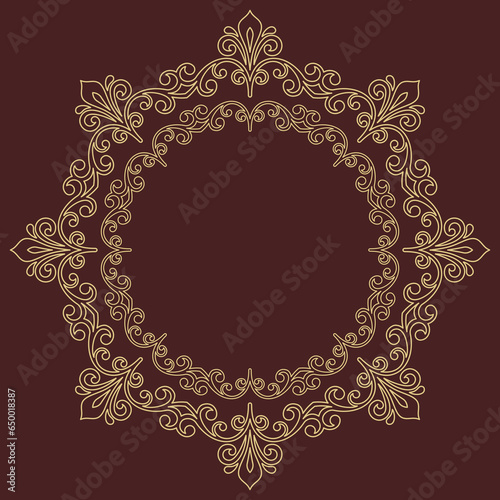 Oriental round golden frame with arabesques and floral elements. Floral golden border with vintage pattern. Greeting card with place for text