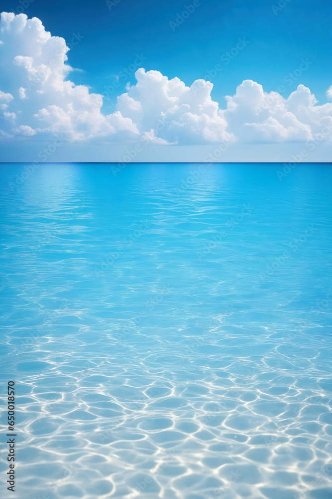 Blue sky with white clouds over the sea. Summer vacation background.