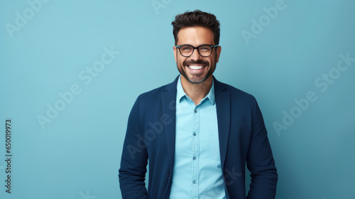 Smile of a young enterpreneur blue attire, standing against blue background photo