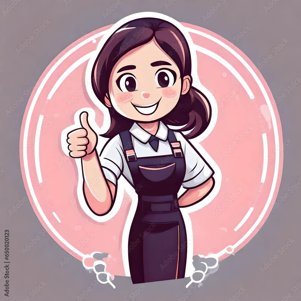 A cute happy cartoon illustration of a waitress girl mascot in a uniform doing a thumbs up hand gesture. A cute happy cartoon illustration of a waitress girl mascot in a uniform doing a thumbs up hand gesture.