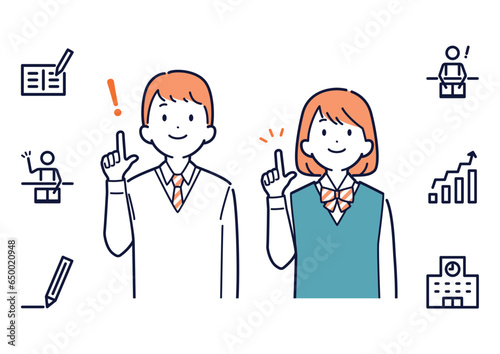指さししてひらめく学生の男女＿上向き＿アイコンセット