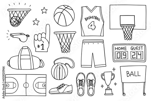 Set of hand-drawn rough line illustrations with a basketball theme