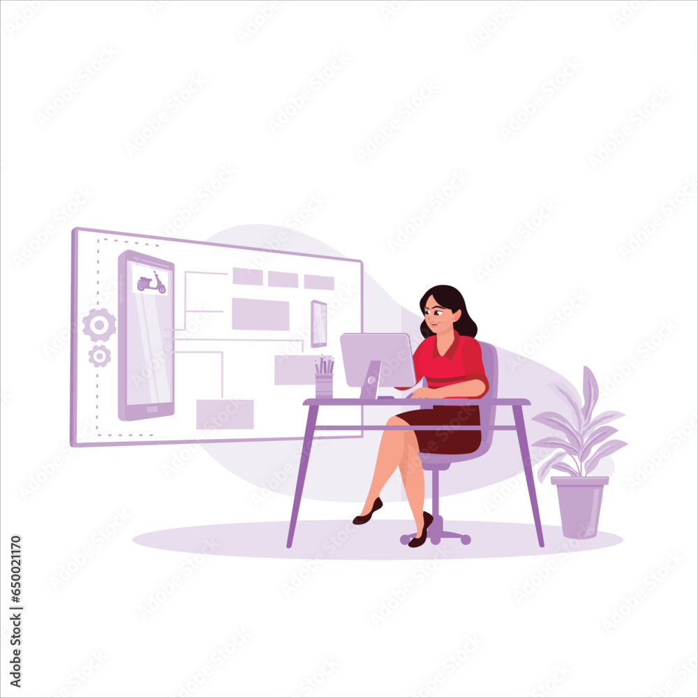 Young female designer working in front of a computer developing new applications and software. Design And Development concept. Trend Modern vector flat illustration