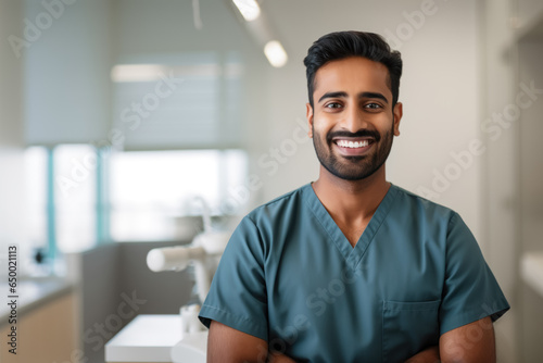 portrait of a smiling doctor, dentist, in his work clothes at the hospital