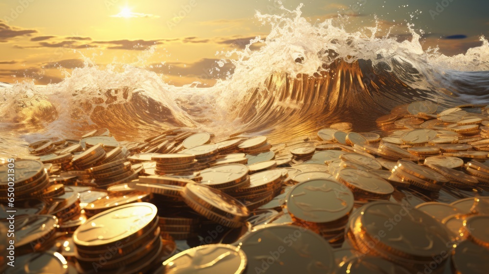 Gold coin money wave crypto sea concept finance metaverse business digital advertising. 3D coin money currency gold rich fee golden cash exchange online futuristic pay profit technology. Generative AI - obrazy, fototapety, plakaty 