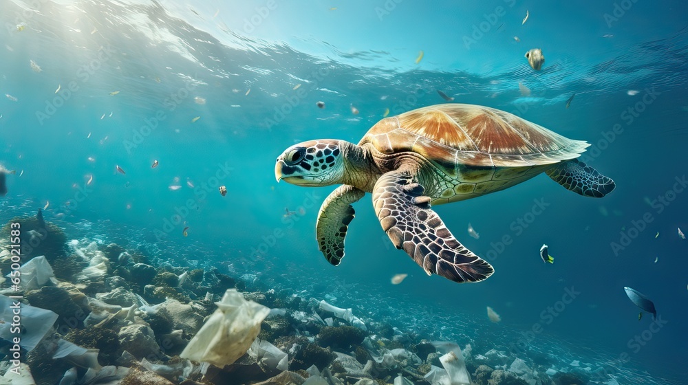 Obraz premium A sorrowful sea turtle swims amidst human waste, painting a poignant plea for ecology and environmental care, accentuated by Generative AI.
