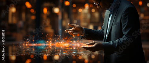 Man working on computer, futuristic, man having a magic ball, business, hacking, coding, hacker, coder