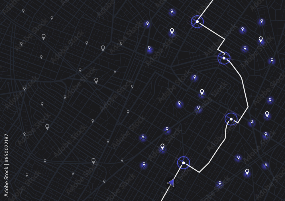 Abstract map background, poi. City streets, route distance data, path turns, destination tag or mark. Location tracks. For web design, presentations, advertising projects Vector illustration