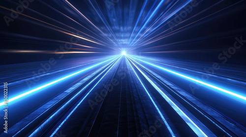 Digital image of light rays, stripes lines with blue light, speed and motion blur, science, futuristic, energy technology concept.