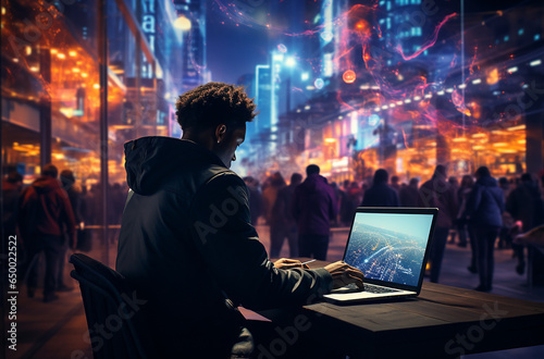 Man working on computer, futuristic, man having a magic ball, business, hacking, coding, hacker, coder