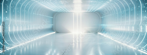 Futuristic data center corridor with neon lights.