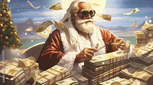 Santa Claus, striking a pose of arrogance, stands surrounded by opulent riches and piles of money, exuding an unexpected aura of affluence. Generative AI. photo