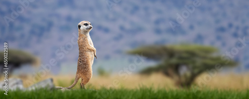 Meerkat standing looking for something.  Suricata suricatta wild predators in natural environment photo