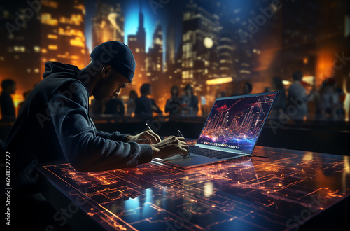 Man working on computer, futuristic, man having a magic ball, business, hacking, coding, hacker, coder