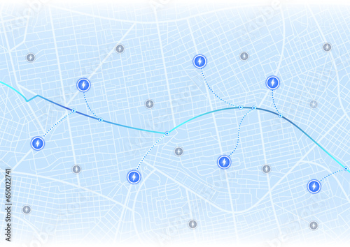 Location EV charging station location mark on gps navigation map a lot with fast supercharger station. Path turns and destination tag or mark. Huge city top view. Tracking path and route. vector