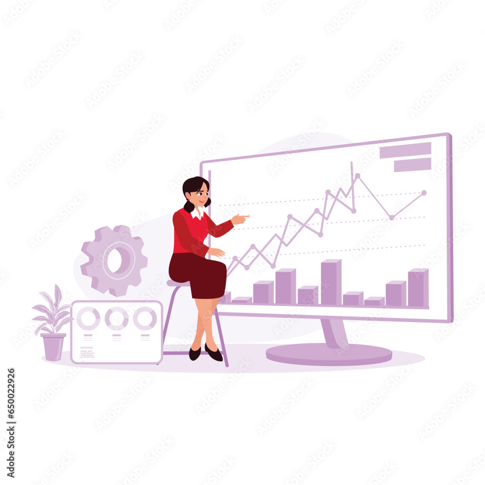 A businesswoman studies company finances with statistical graphs on a computer screen. Financial Trading And Investing concept. Trend Modern vector flat illustration