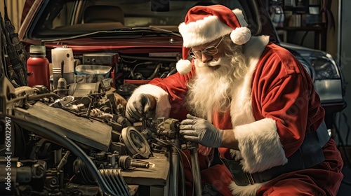 Santa Claus trades his toy workshop for an auto mechanic's garage, skillfully tuning up cars and showcasing a different set of talents. Generative AI.