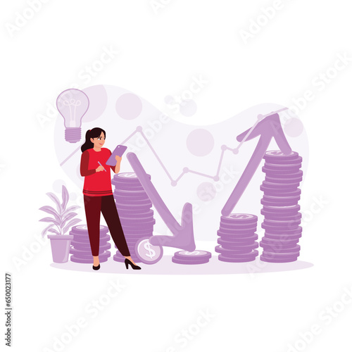 Businesswoman analyzes the finances of a company experiencing a decline and tries to return investment with a brilliant idea. Financial Trading And Investing concept. Trend Modern vector flat illustra