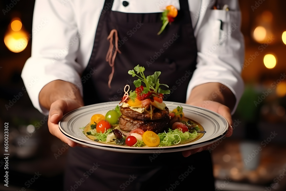 Restaurant serving. Close-up on the hand of a waiter carrying food