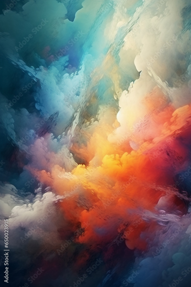 Abstract dramatic watercolor cloudscape background with orange and cyan clouds. Generative AI   