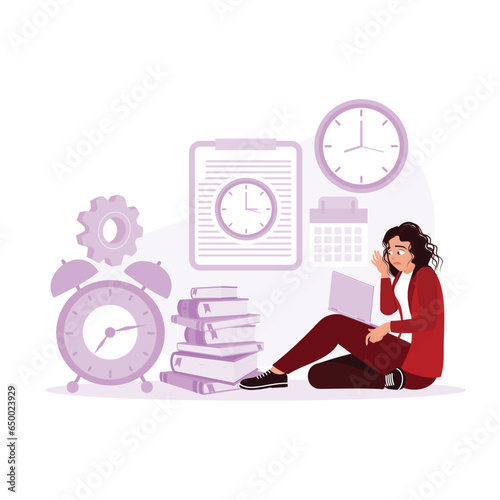Unhappy young woman because of unfinished work and deadlines. Deadline concept. Trend Modern vector flat illustration