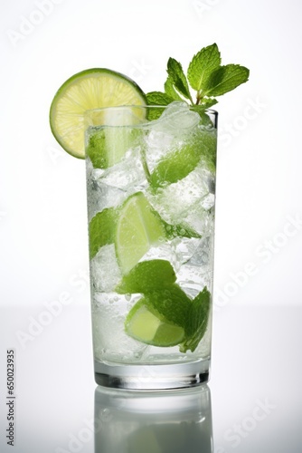 Mojito cocktail with lime and mint isolated on white. Summer refreshing drink in a glass with ice 