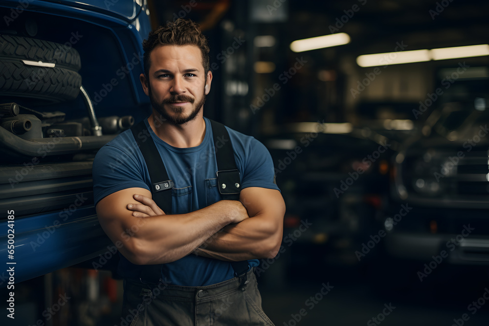 Portrait of a skilled car mechanic leaning on a vehicle in a garage Portrait of a skilled car mechanic leaning on a vehicle in a garage
