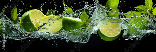 Mojito cocktail with lime and mint splashing on black background, banner. Summer refreshing drink  © Rawf8