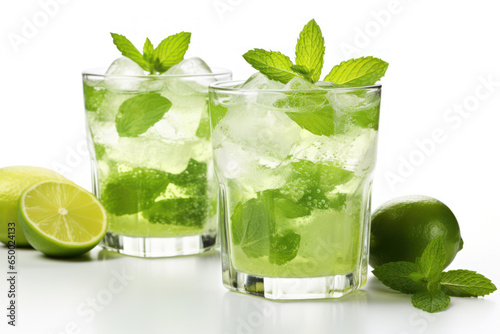 Mojito cocktail with lime and mint isolated on white. Summer refreshing drink in glass with ice 