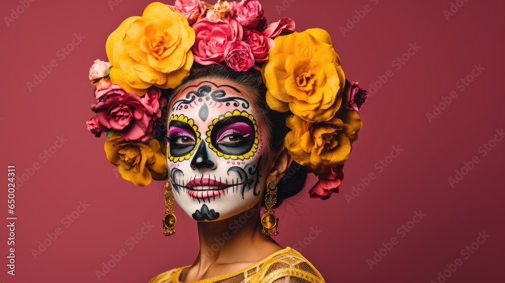 Portrait of a Day of the Dead woman at carnival mask on Halloween festival on isolated yellow background with copy space.