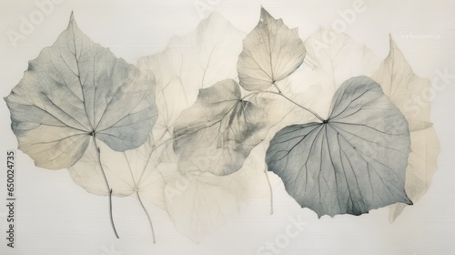 autumn leaves dried and skeletal on handmade paper texture background