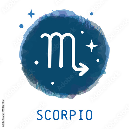 Scorpio, zodiac sign icon with caption. Vector dark blue round icon.