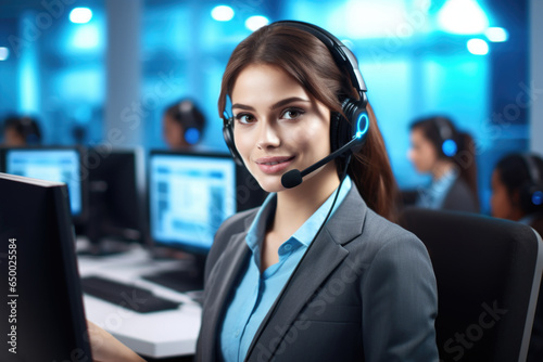 Woman wearing headset sitting in front of computer. Suitable for customer service, tech support, or online communication concepts.