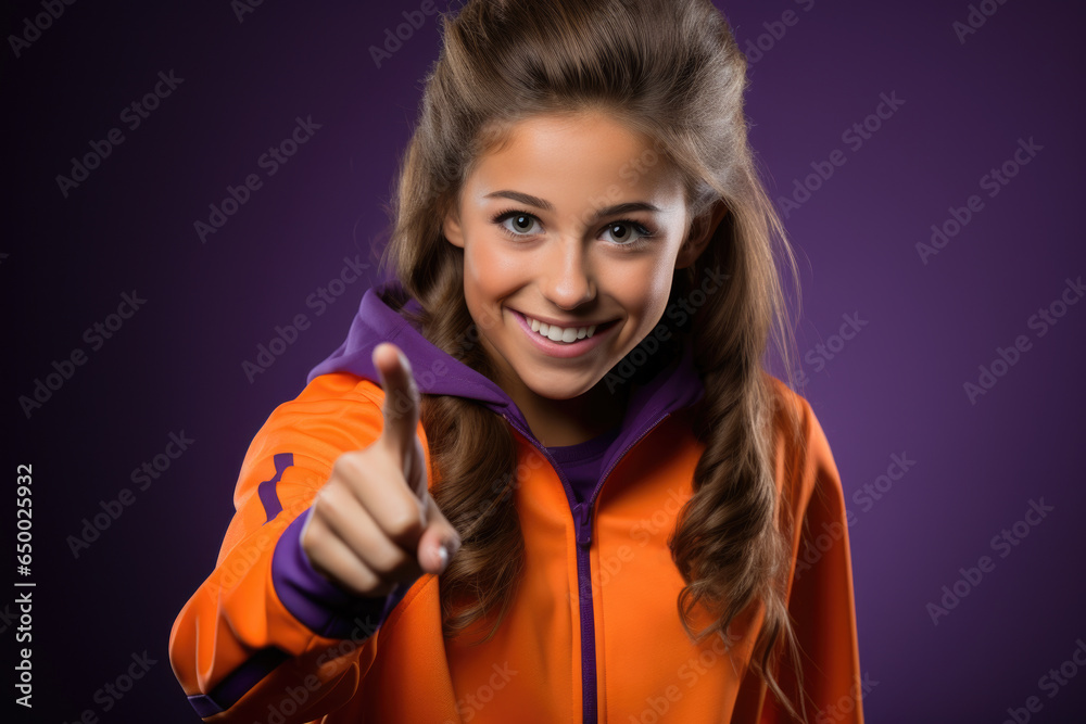 Girl wearing orange and purple jacket giving thumbs up gesture. This image can be used to convey positivity, approval, success, or encouragement. Girl wearing orange and purple jacket giving thumbs up gesture. This image can be used to convey positivity, approval, success, or encouragement.