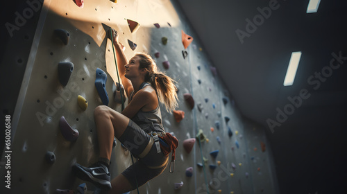 Active young sporty woman practicing rock climbing on indoor climbing wall
