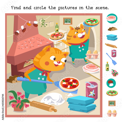 Find and circle hidden objects. Educational game for children. Cute pizzaiolo cats with pizza on shovel. Cartoon funny characters. Food and professions. Vector illustration for children. 