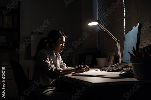 Young woman working until night