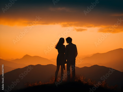 silhouette of couple on sunset and mountains view. 