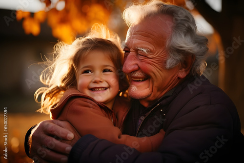 Portrait of happy grandfather hug his granddaughter and spending time together outside in park